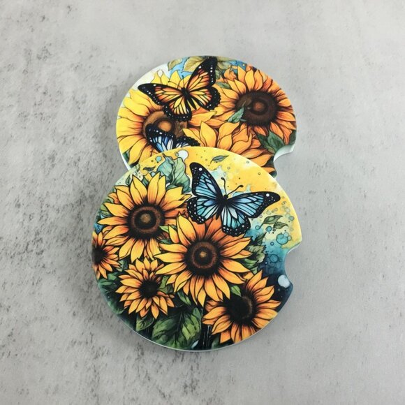 Sunflowers and Butterflies Car Coasters - Set of 2 Sandstone Coasters - Picture 1 of 6